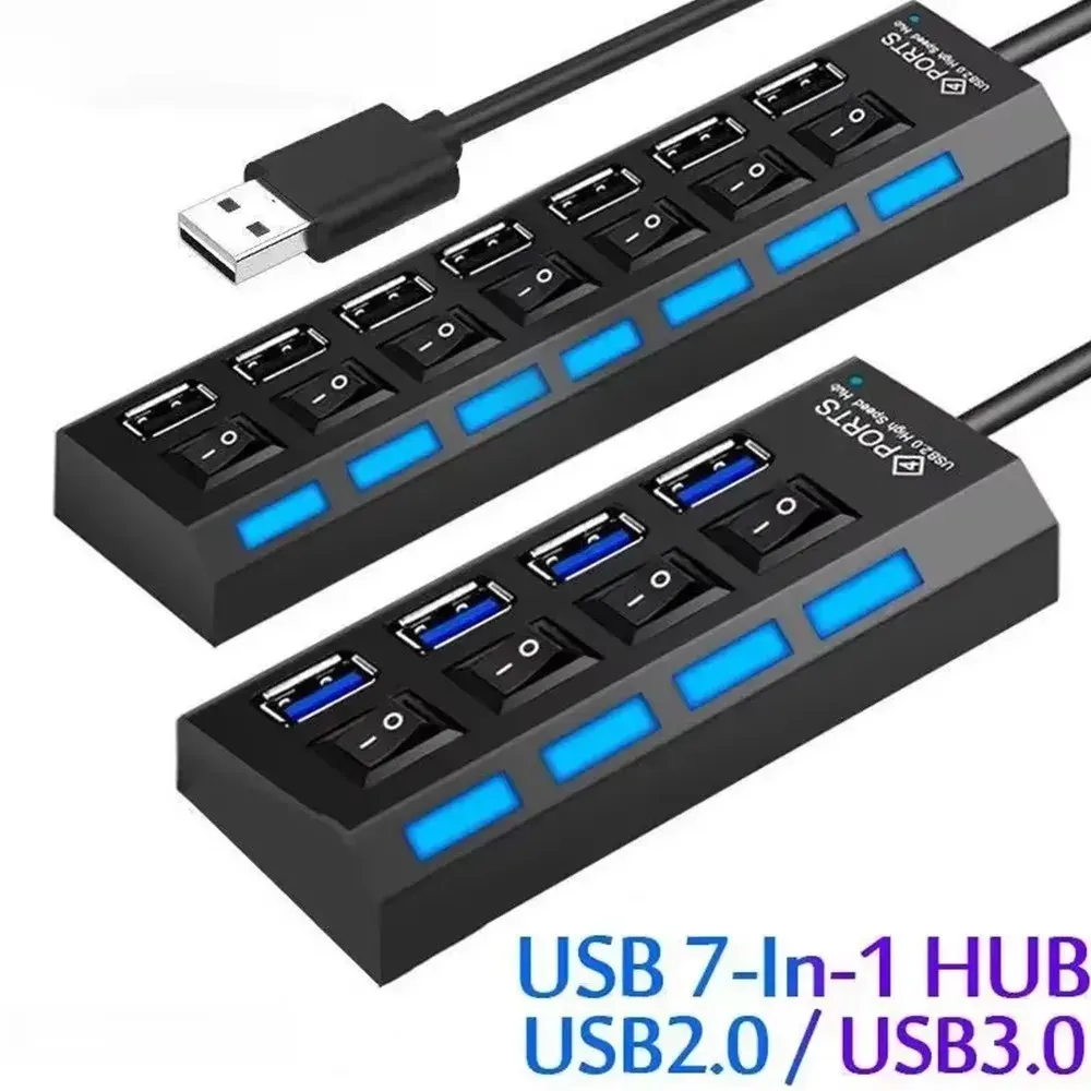 Répartiteur de hub USB, 7 ports, USB 2.0, commutateur d'extension pour ordinateur, PC, ordinateur portable et ordinateur de bureau