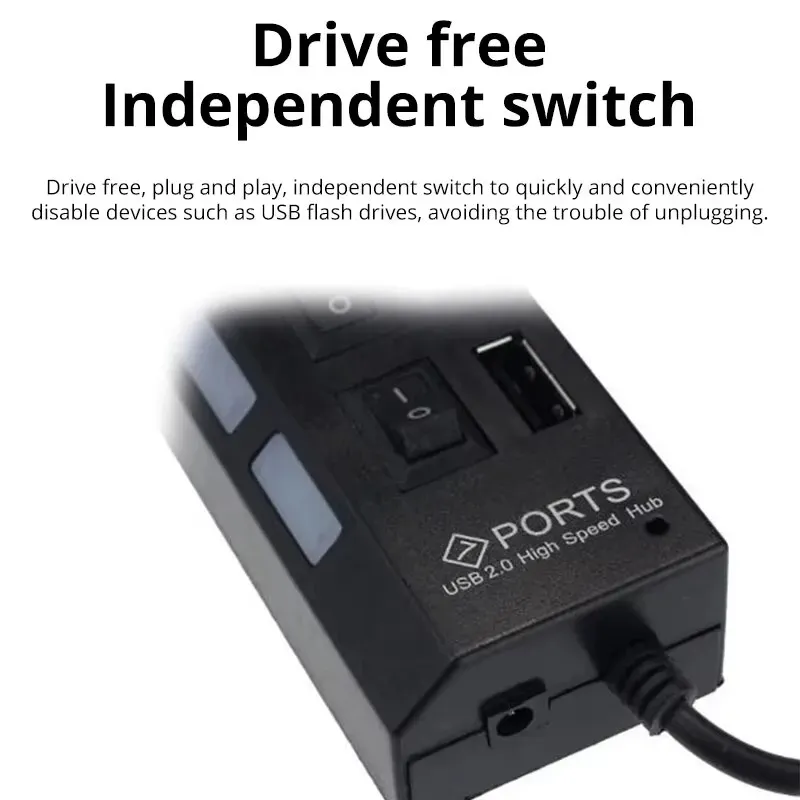 Répartiteur de hub USB, 7 ports, USB 2.0, commutateur d'extension pour ordinateur, PC, ordinateur portable et ordinateur de bureau 2