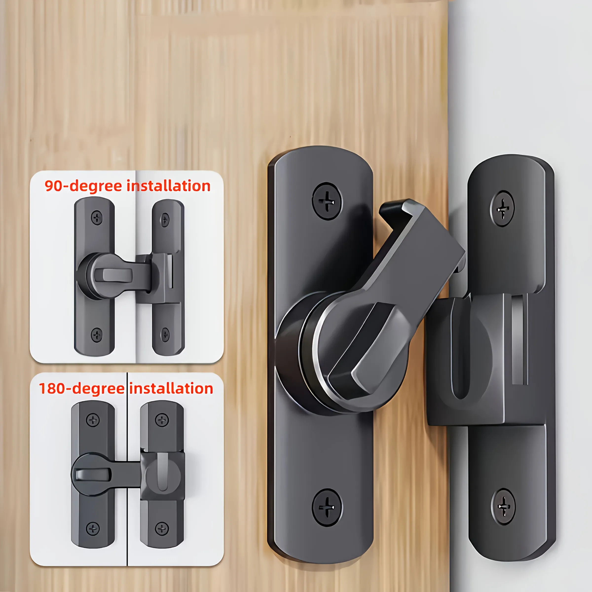 Serrure de porte antivol à goupille coulissante réglable 90°/180°, entrée sans clé, robuste, noire, installation facile pour maison, bureau, hôtel et garage - Image 1