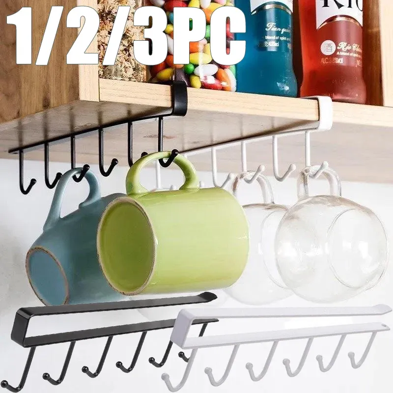 Crochets de rangement sans perçage (lot de 1, 2 ou 3) - 6 crochets pour armoire, cuisine et salle de bain, organisateur suspendu pour garde-robe, support pour gobelets - Image 1