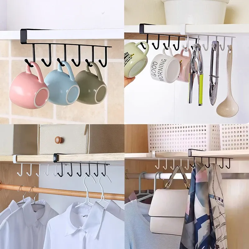 Crochets de rangement sans perçage (lot de 1, 2 ou 3) - 6 crochets pour armoire, cuisine et salle de bain, organisateur suspendu pour garde-robe, support pour gobelets 5