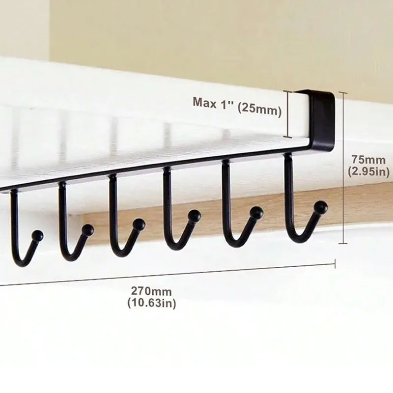Crochets de rangement sans perçage (lot de 1, 2 ou 3) - 6 crochets pour armoire, cuisine et salle de bain, organisateur suspendu pour garde-robe, support pour gobelets 6