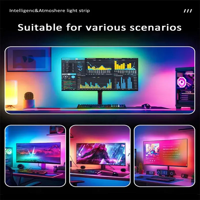 Bande lumineuse LED USB RGBIC pour écran 24 à 34 pouces, synchronisation musicale via application, rétroéclairage pour décoration de salle de jeu 6