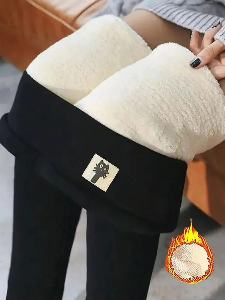 Leggings chauds et épais pour femme en cachemire d'agneau, taille haute, doublés de polaire, pour l'hiver - Image 1