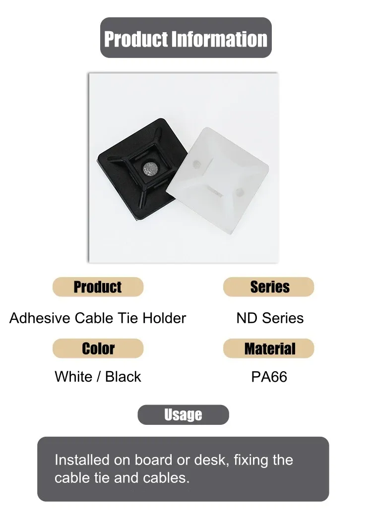 Attaches de câbles auto-adhésives en nylon PA66 Détail du produit