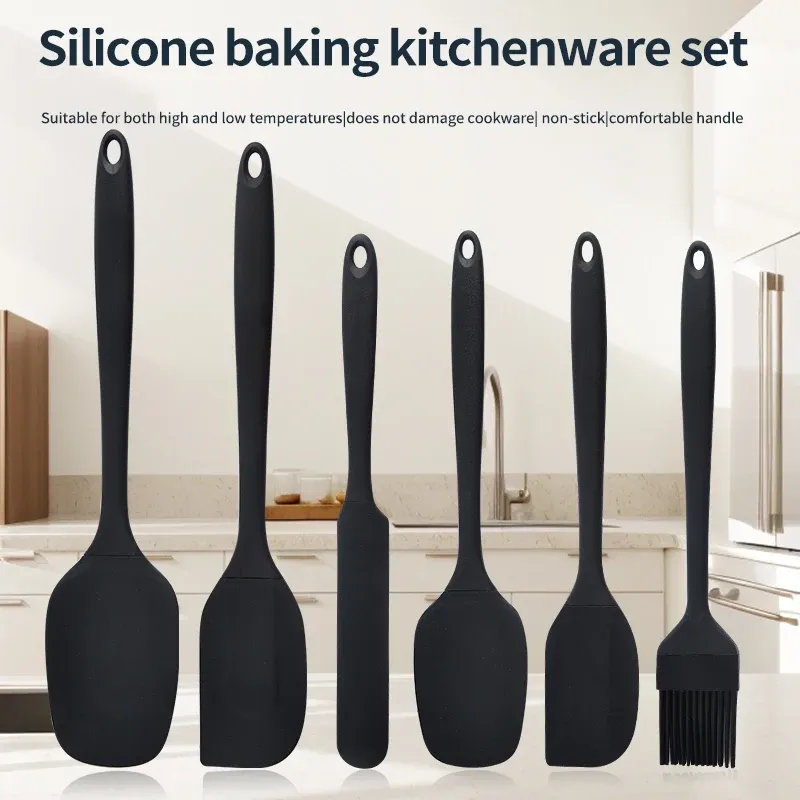 Ensemble d'ustensiles de cuisine en silicone 6 pièces : grattoir à crème, spatule, pinceau à huile, spatules de tailles variées et outil de pâtisserie