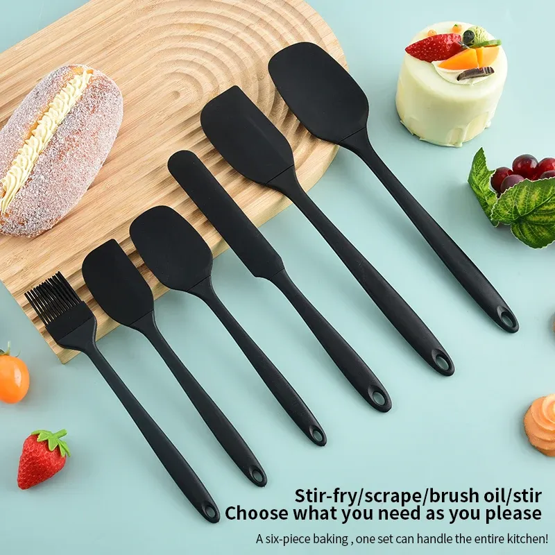 Ensemble d'ustensiles de cuisine en silicone 6 pièces : grattoir à crème, spatule, pinceau à huile, spatules de tailles variées et outil de pâtisserie 5