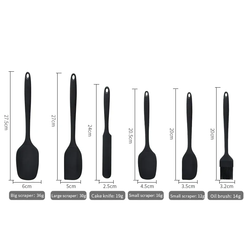 Ensemble d'ustensiles de cuisine en silicone 6 pièces : grattoir à crème, spatule, pinceau à huile, spatules de tailles variées et outil de pâtisserie 6
