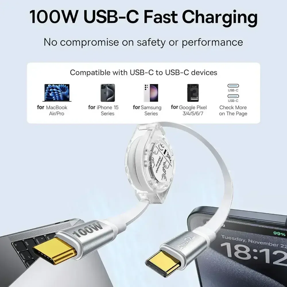 Câble de données rétractable USB-C PD 100W pour iPhone 15 Pro Max, MacBook, Samsung et iPad, charge rapide 2