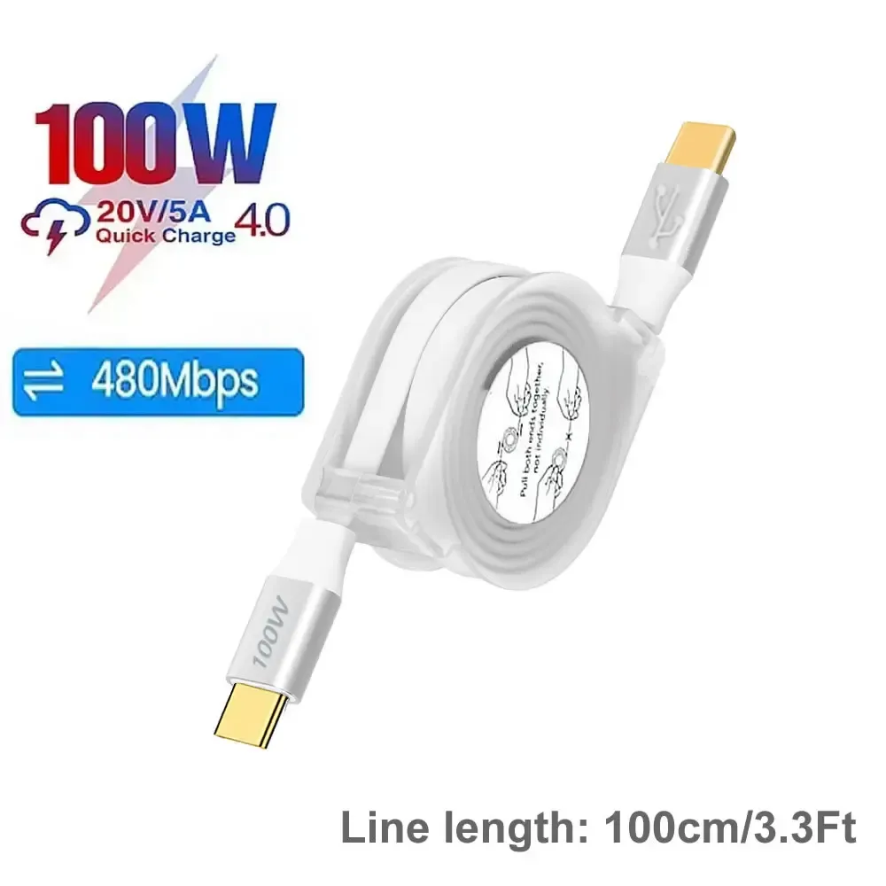 Câble de données rétractable USB-C PD 100W pour iPhone 15 Pro Max, MacBook, Samsung et iPad, charge rapide 8