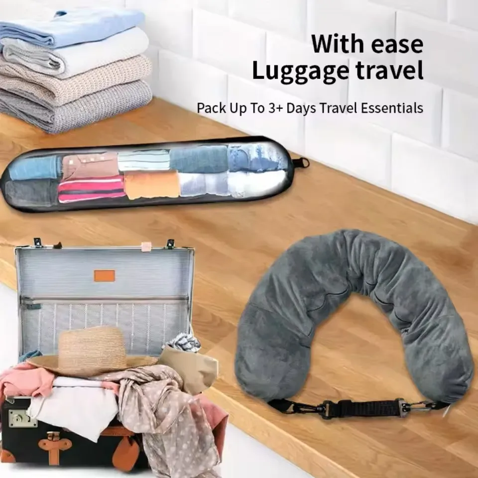 Oreiller de voyage à support de nuque réglable en polyester, avec pochette de rangement, confortable et léger 2