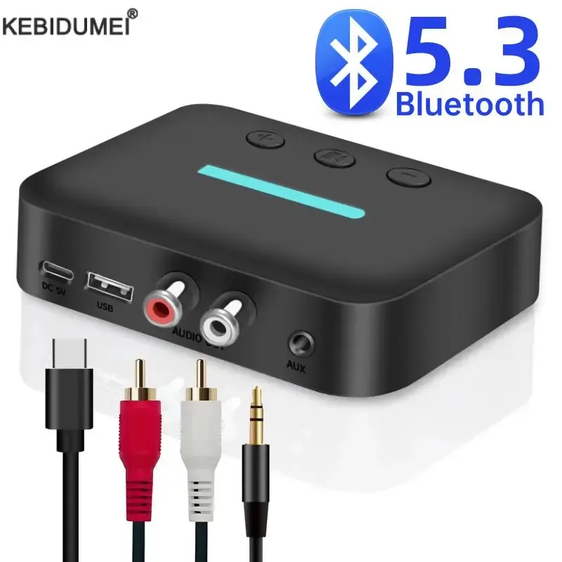 Adaptateur récepteur audio Bluetooth 5.3 USB, streaming stéréo sans fil, sorties jack 3,5 mm AUX et RCA G/D, lecture depuis clé USB pour haut-parleur de bureau