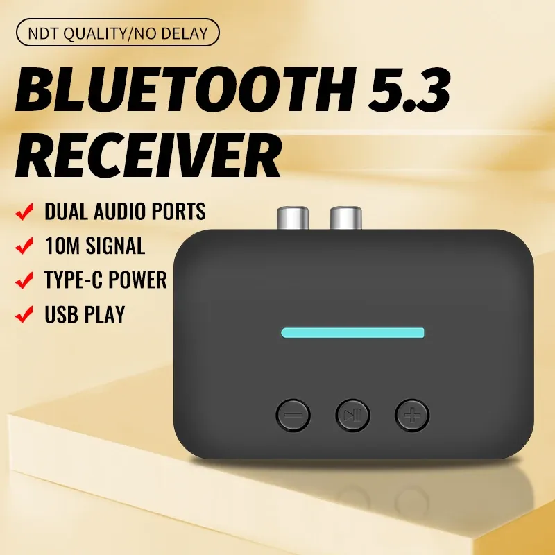 Adaptateur récepteur audio Bluetooth 5.3 USB, streaming stéréo sans fil, sorties jack 3,5 mm AUX et RCA G/D, lecture depuis clé USB pour haut-parleur de bureau 3