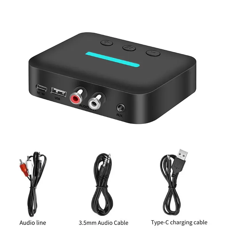 Adaptateur récepteur audio Bluetooth 5.3 USB, streaming stéréo sans fil, sorties jack 3,5 mm AUX et RCA G/D, lecture depuis clé USB pour haut-parleur de bureau 7