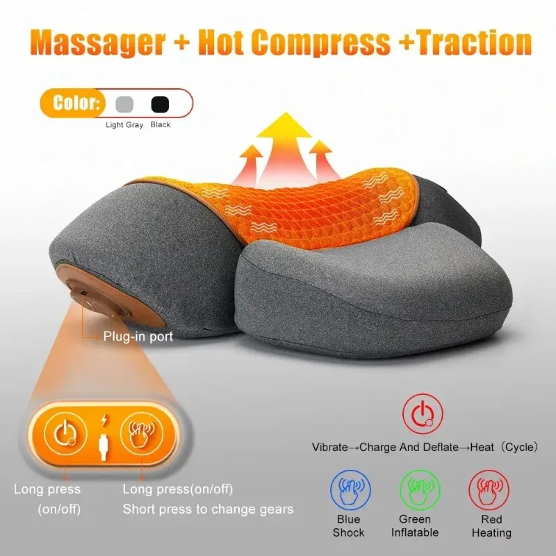 Oreiller cervical chauffant électrique avec masseur, vibration et soutien orthopédique pour le cou et le dos 2