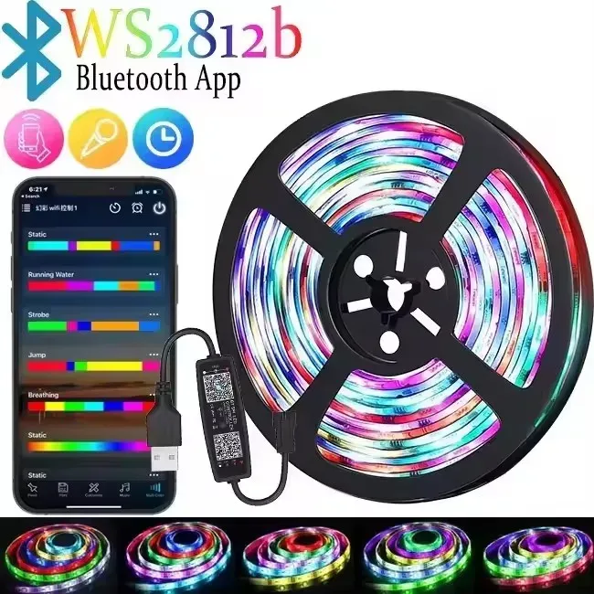 Ruban LED RVBIC WS2812B 5 V USB adressable pour mur et pièce, contrôlable via application Bluetooth, longueur 1 à 30 m 8