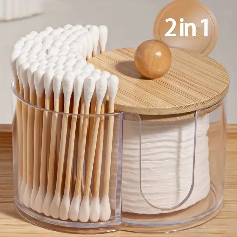 Support à double compartiment transparent pour cotons-tiges et cotons démaquillants, organisateur de salle de bain 1
