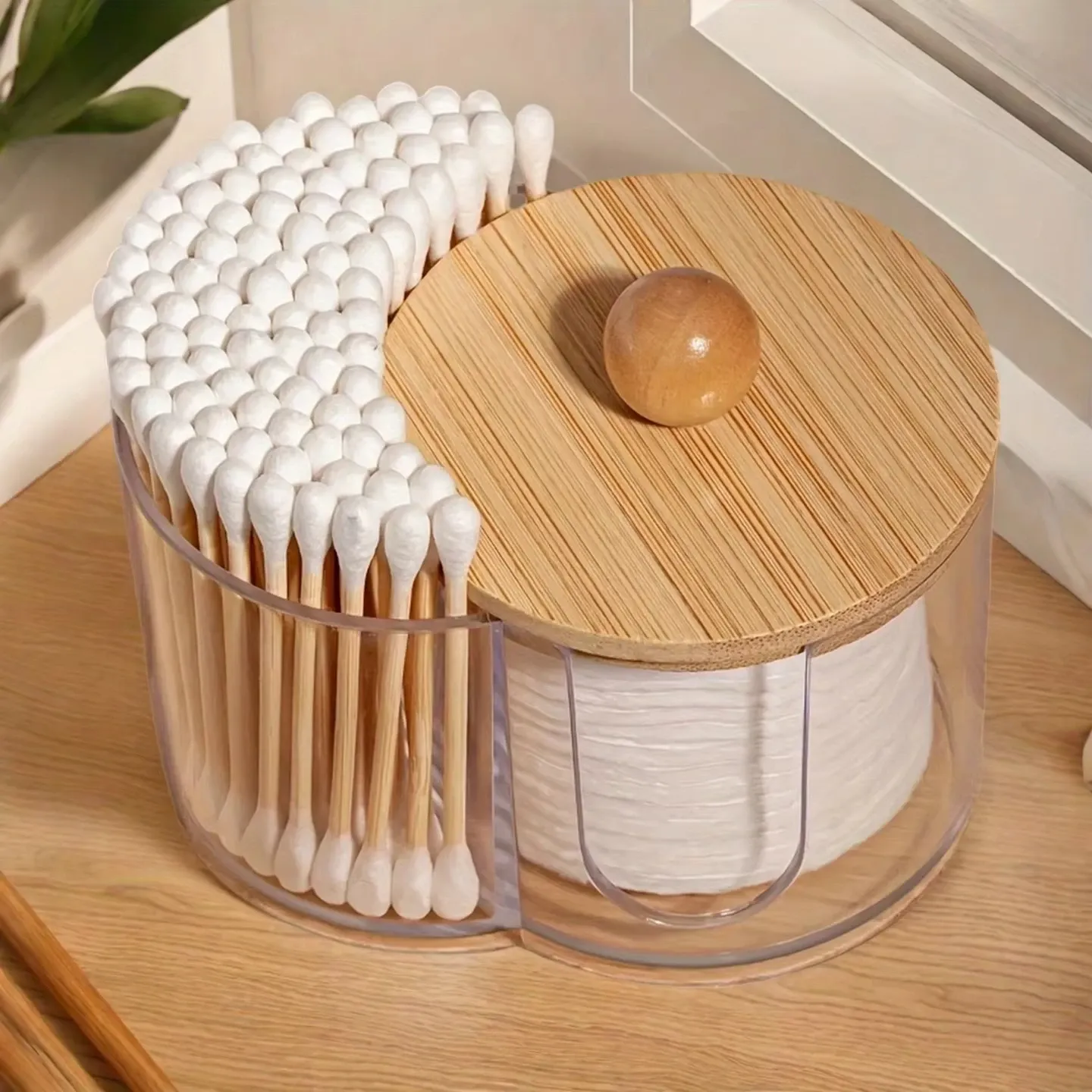 Support à double compartiment transparent pour cotons-tiges et cotons démaquillants, organisateur de salle de bain 3