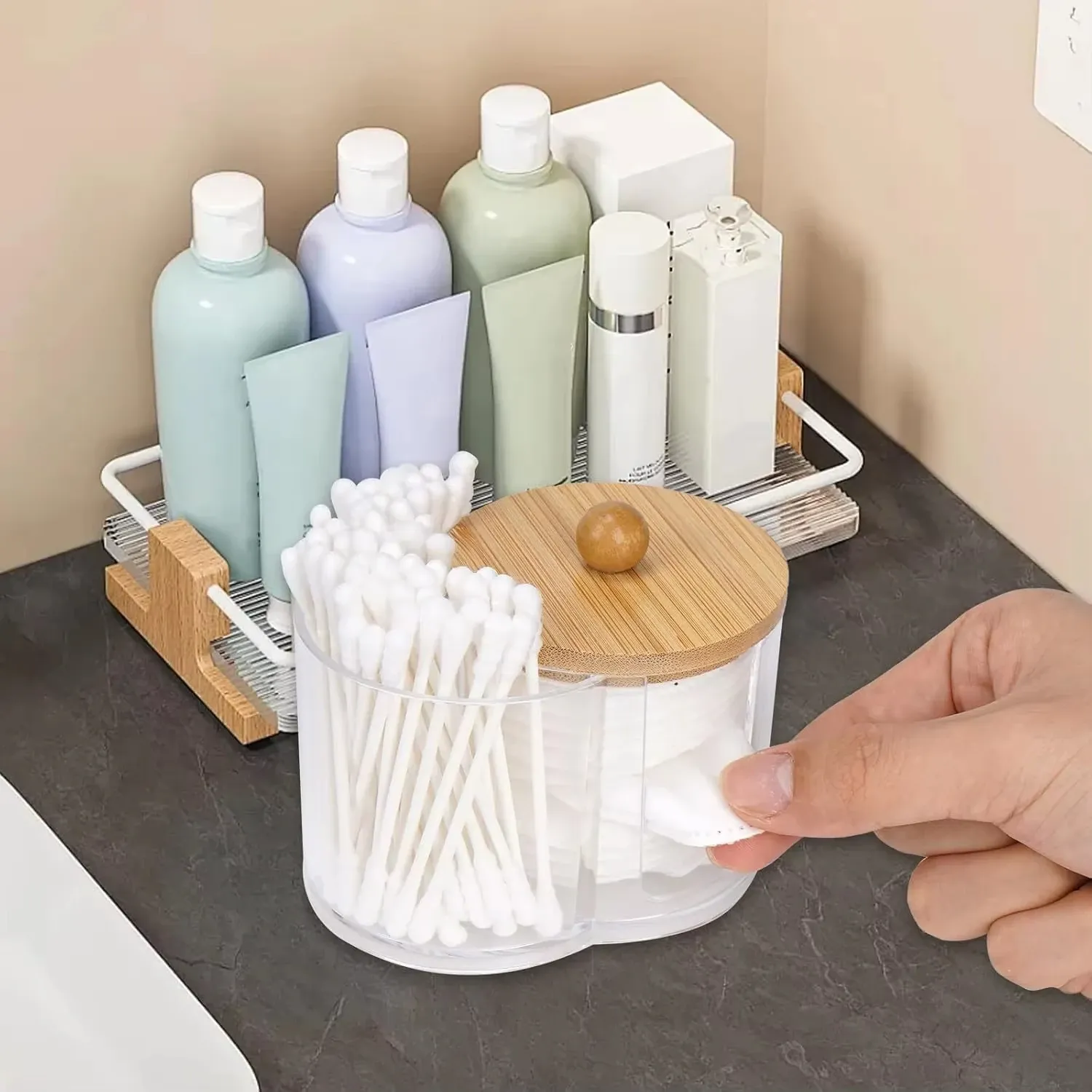 Support à double compartiment transparent pour cotons-tiges et cotons démaquillants, organisateur de salle de bain 4