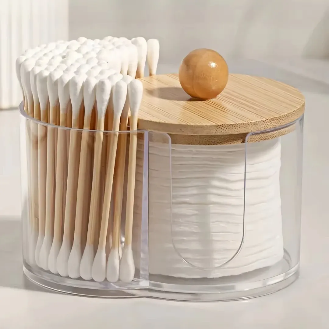 Support à double compartiment transparent pour cotons-tiges et cotons démaquillants, organisateur de salle de bain 5