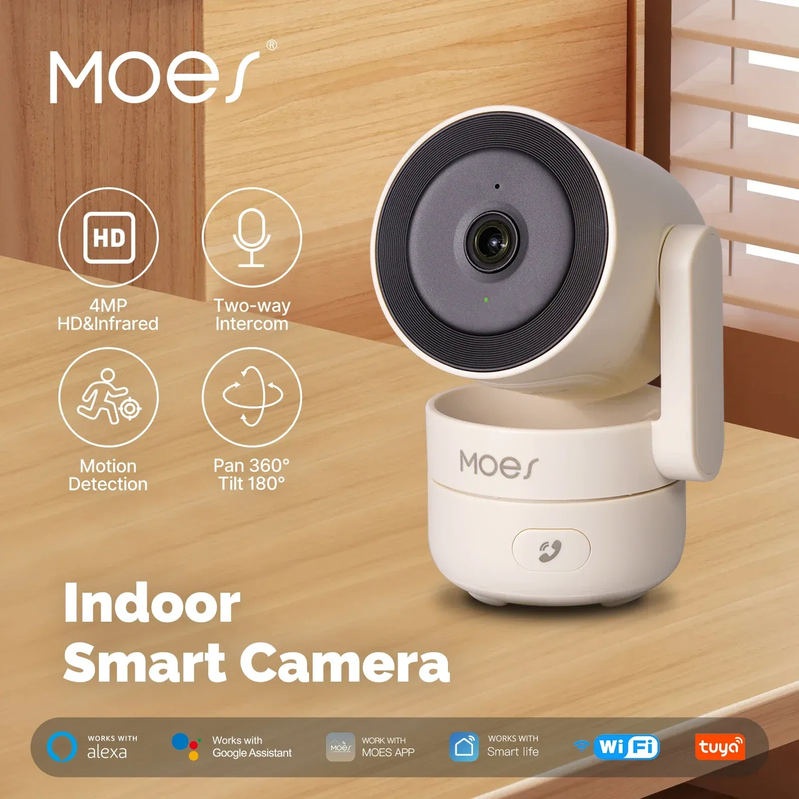 MOESTuya Caméra de sécurité intelligente WiFi 4 MP HD pour intérieur, panoramique et inclinable, avec vision nocturne infrarouge et détection de mouvement et de son