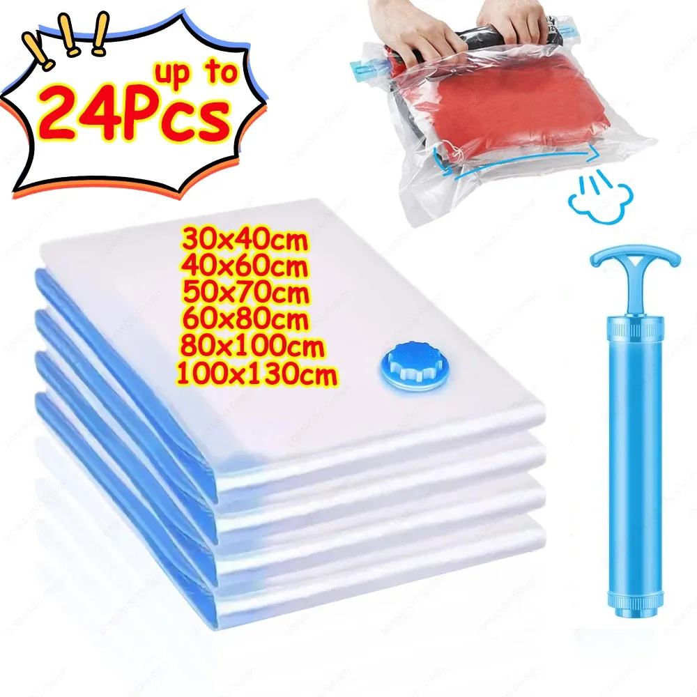 Sacs de rangement sous vide réutilisables avec pompe à main, sacs transparents pliables et compressibles pour gagner de la place, idéaux pour les vêtements de voyage, lot de 1 à 24 pièces - Image 1