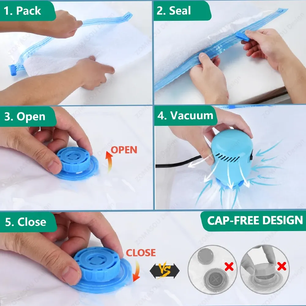 Sacs de rangement sous vide réutilisables avec pompe à main, sacs transparents pliables et compressibles pour gagner de la place, idéaux pour les vêtements de voyage, lot de 1 à 24 pièces 5