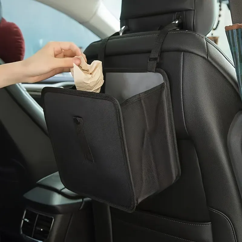 Poubelle de voiture pliable et suspendue en polyester, rangement multifonction avec compartiment zippé 2