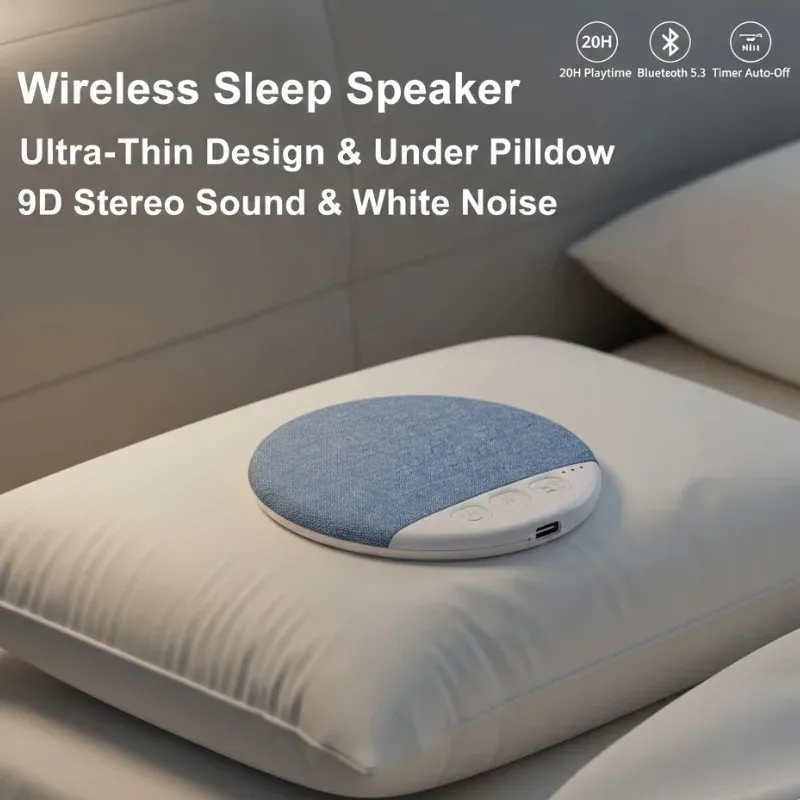 Haut-parleur Bluetooth sans fil pour oreiller avec lecteur de musique, machine à bruit blanc, stéréo 9D, minuterie et arrêt automatique