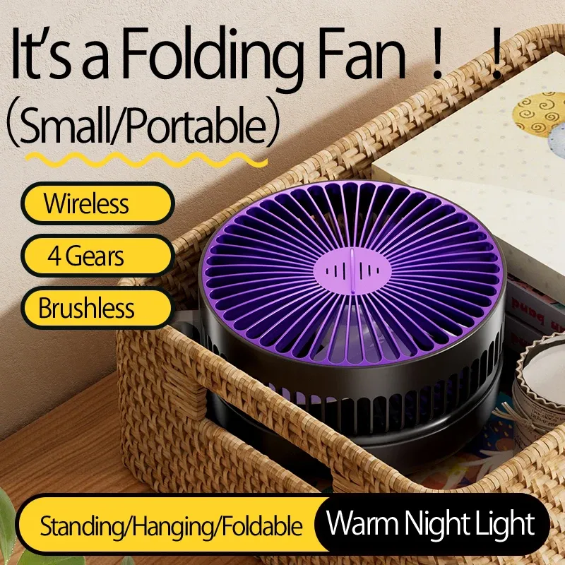 Ventilateur portable multifonction rechargeable 3 en 1 (2024), ventilateur mural pliable 90°, 4 vitesses, avec veilleuse chaude 3
