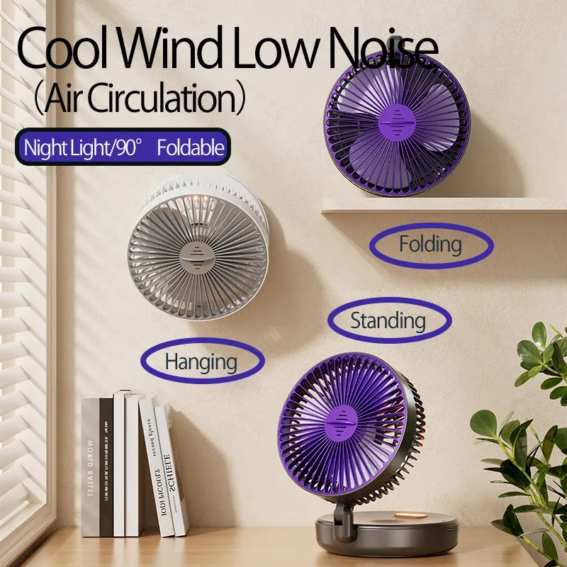 Ventilateur portable multifonction rechargeable 3 en 1 (2024), ventilateur mural pliable 90°, 4 vitesses, avec veilleuse chaude 4