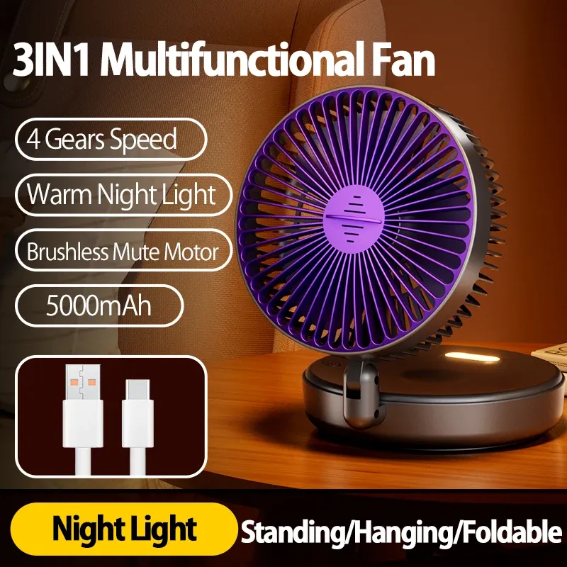 Ventilateur portable multifonction rechargeable 3 en 1 (2024), ventilateur mural pliable 90°, 4 vitesses, avec veilleuse chaude 8