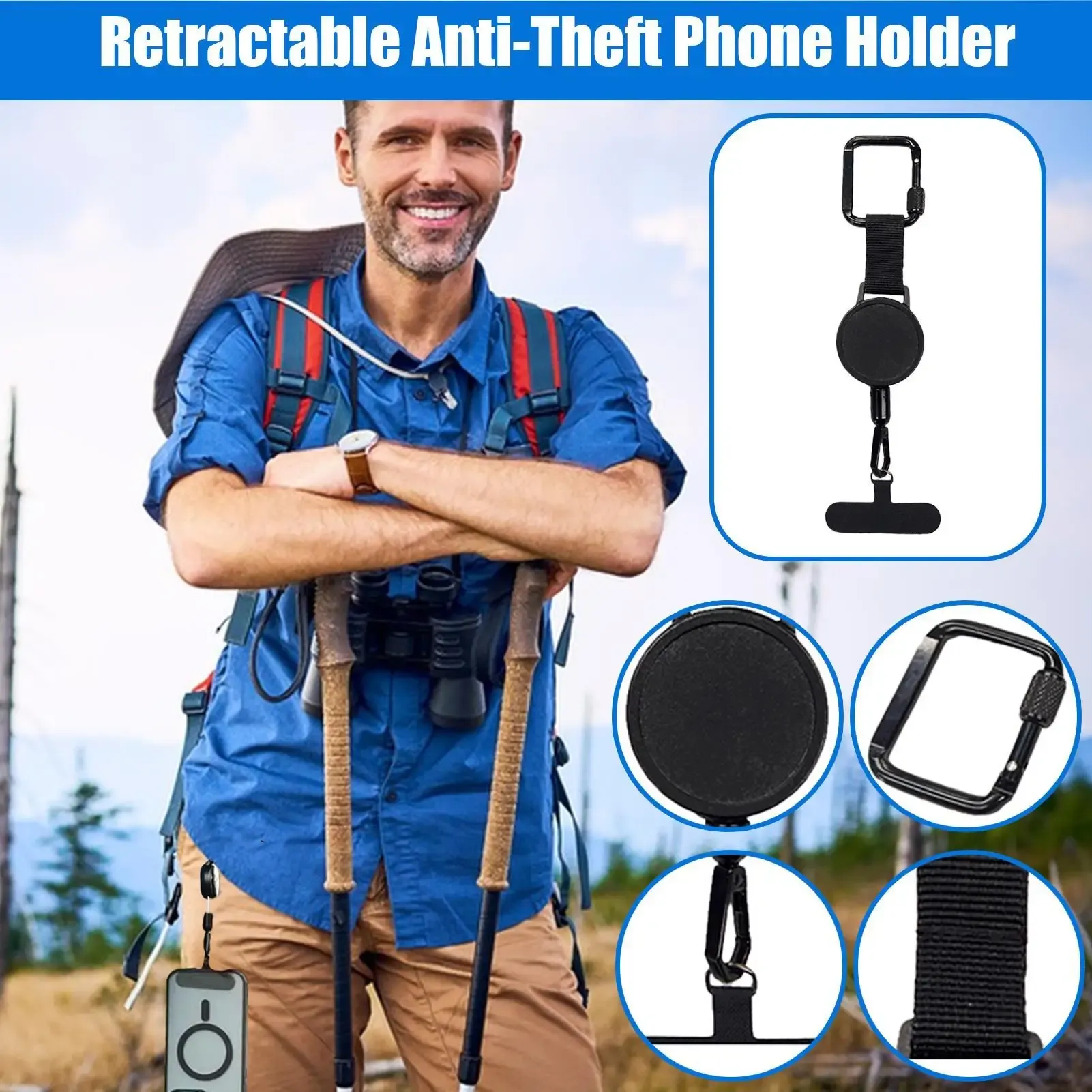 Dragonne rétractable antivol avec mousqueton pour téléphone portable, idéale pour la randonnée en extérieur 4