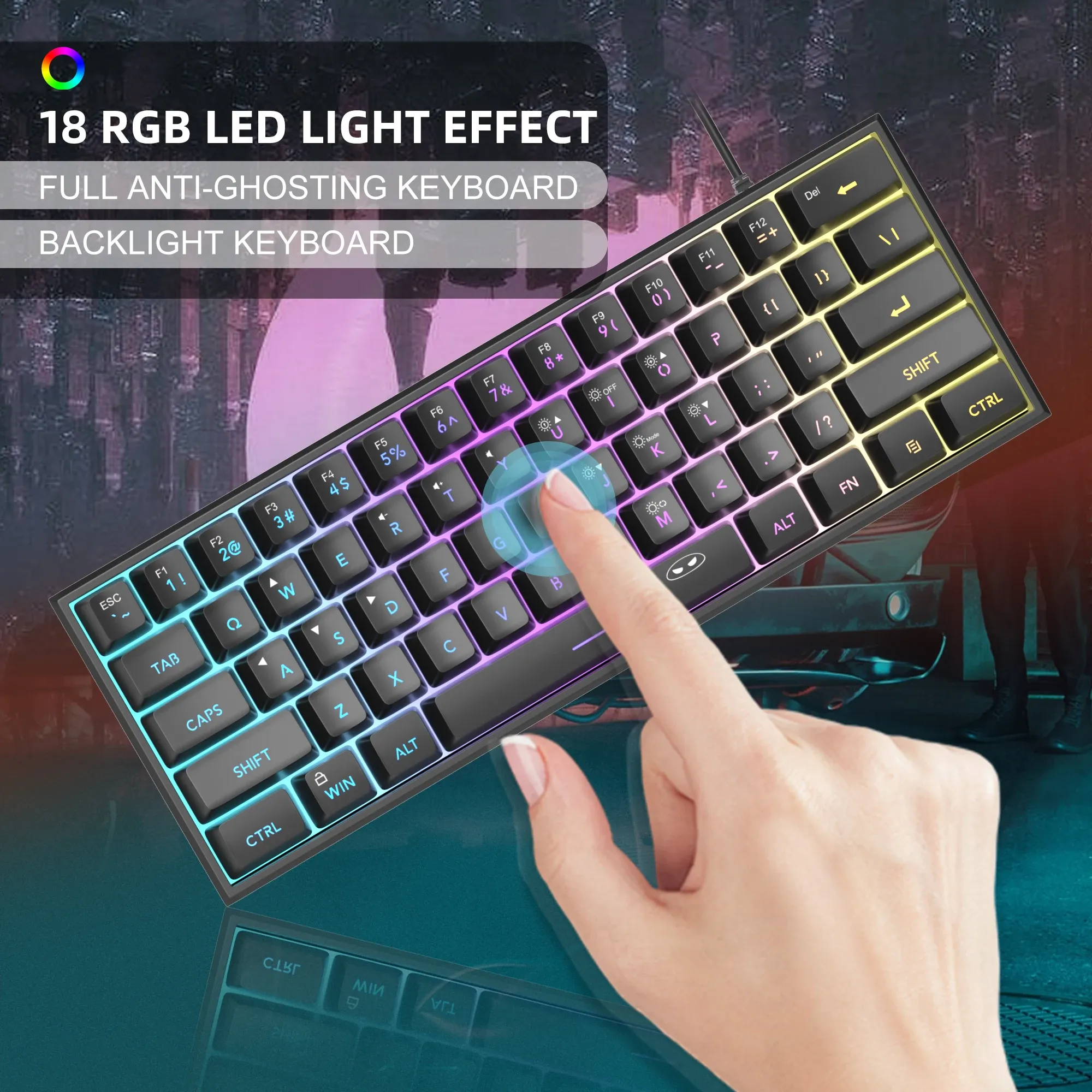 MageGee Mini clavier de jeu 60 %, rétro-éclairé RVB, 61 touches, clavier ultra-compact et ergonomique, étanche, sensation mécanique, pour bureau, TS91 2
