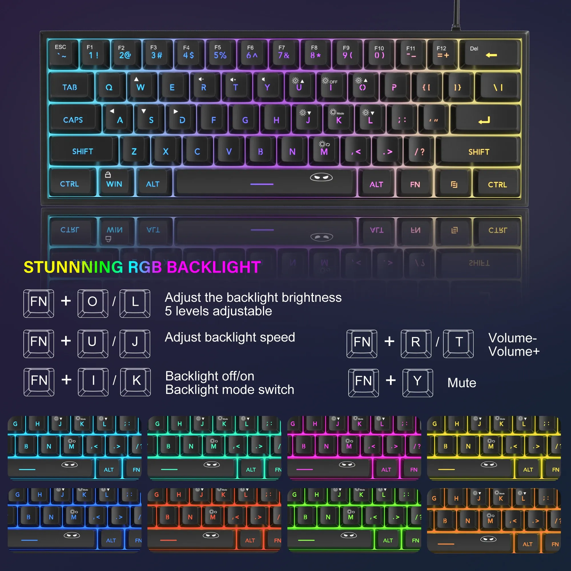 MageGee Mini clavier de jeu 60 %, rétro-éclairé RVB, 61 touches, clavier ultra-compact et ergonomique, étanche, sensation mécanique, pour bureau, TS91 4