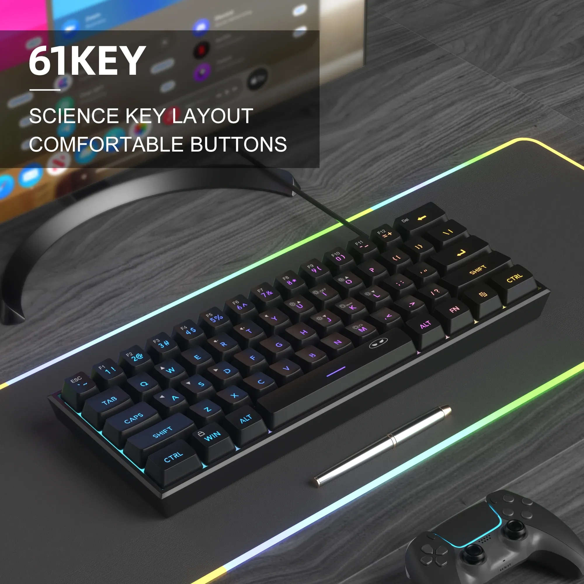 MageGee Mini clavier de jeu 60 %, rétro-éclairé RVB, 61 touches, clavier ultra-compact et ergonomique, étanche, sensation mécanique, pour bureau, TS91 5