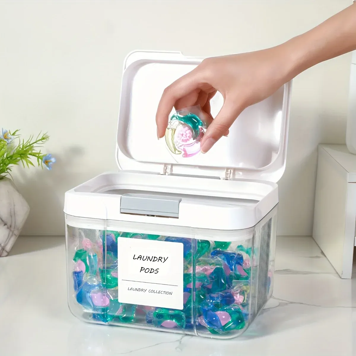 Boîte de rangement pour capsules de lessive avec couvercle hermétique à ouverture automatique, grande capacité 3