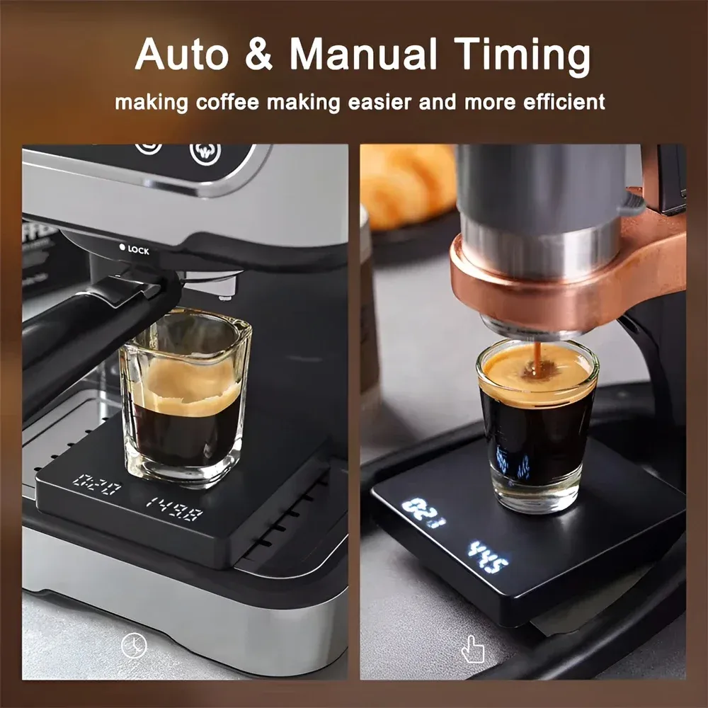 Balance à café expresso numérique avec minuterie, écran LCD, précision 0,1 g, capacité 5 kg, arrêt automatique 3