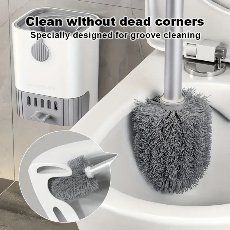 Ensemble brosse de toilette avec support, brosse murale à long manche, brosse flexible et outils de nettoyage pour salle de bain 2