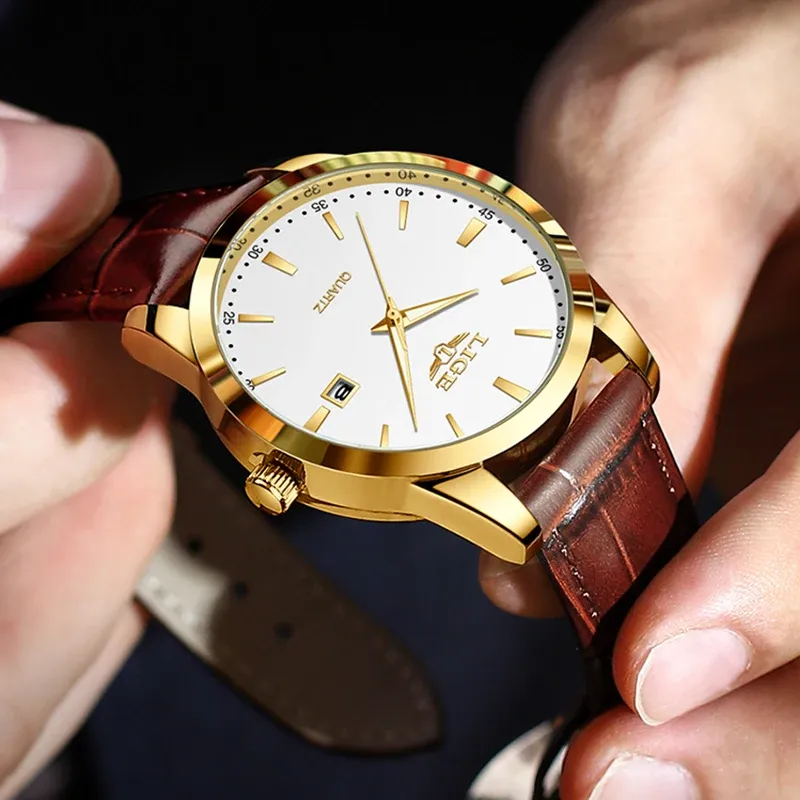 Montre LIGE pour homme en cuir marron, style militaire, quartz, chronographe, étanche - Image 1
