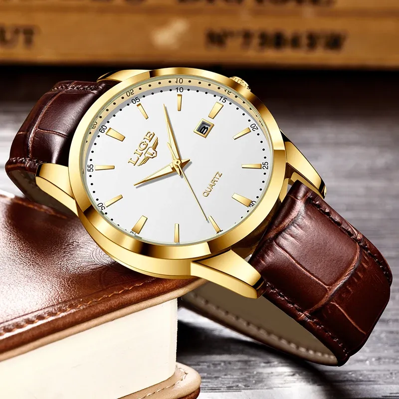 Montre LIGE pour homme en cuir marron, style militaire, quartz, chronographe, étanche 2