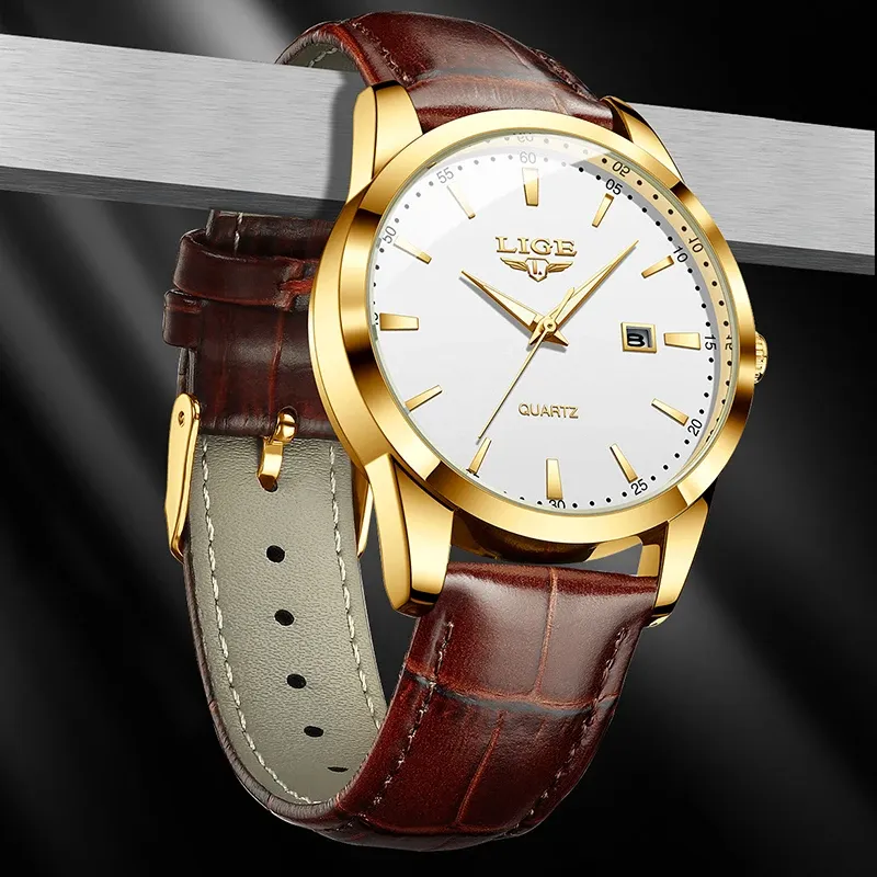 Montre LIGE pour homme en cuir marron, style militaire, quartz, chronographe, étanche 4