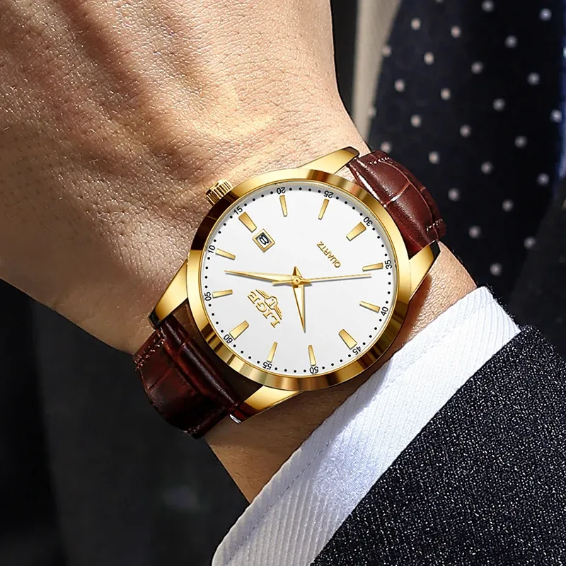 Montre LIGE pour homme en cuir marron, style militaire, quartz, chronographe, étanche 5