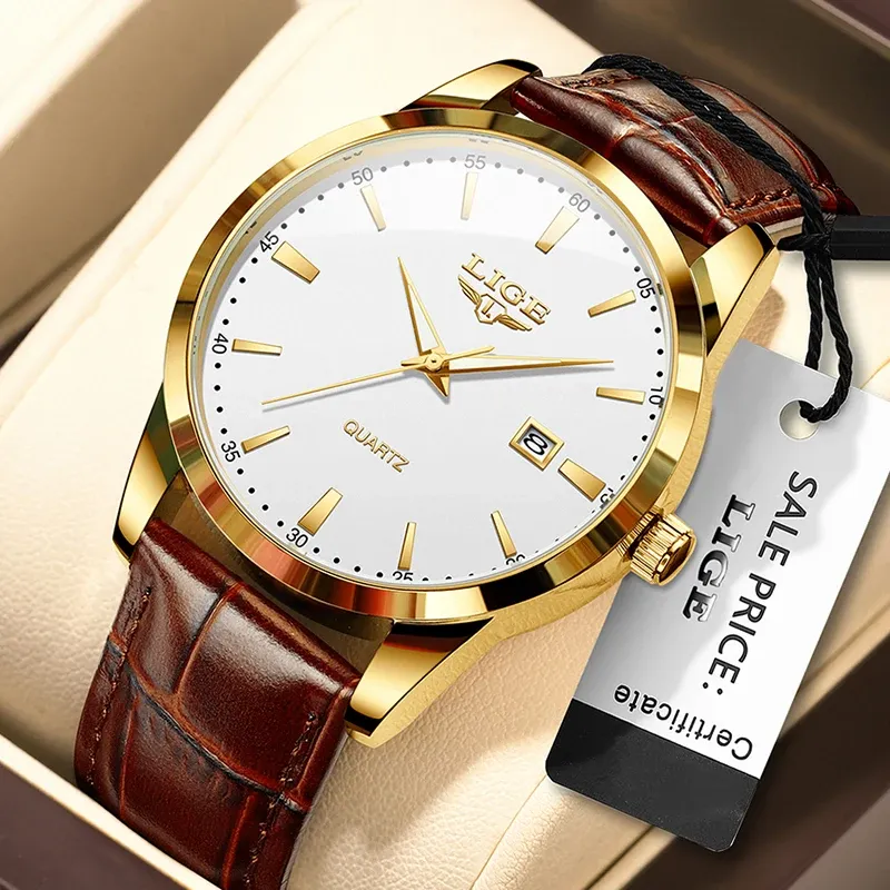 Montre LIGE pour homme en cuir marron, style militaire, quartz, chronographe, étanche 6