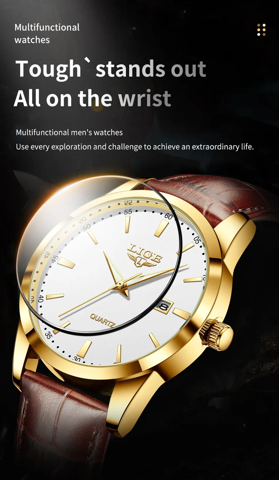 Montre LIGE pour homme en cuir marron, vue de face