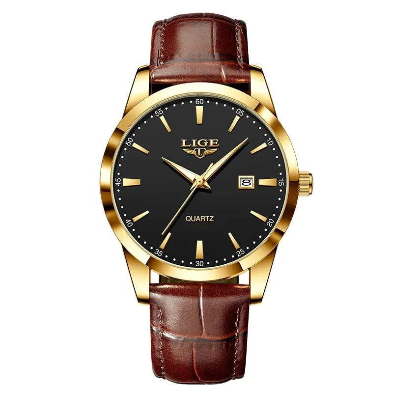 Montre LIGE pour homme en cuir marron, style militaire, quartz, chronographe, étanche 8