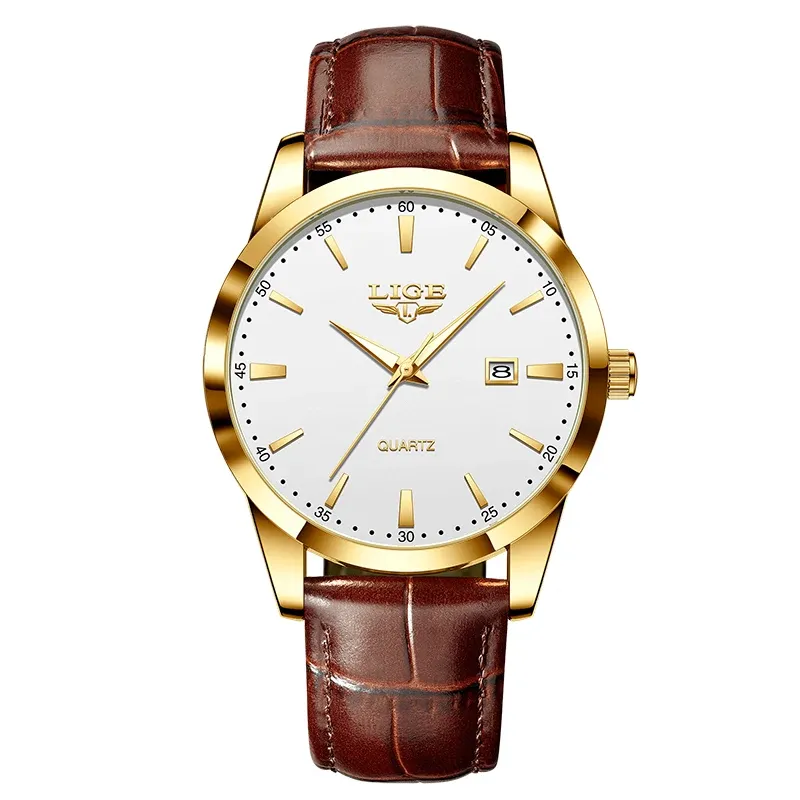 Montre LIGE pour homme en cuir marron, style militaire, quartz, chronographe, étanche 9