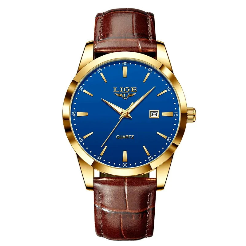 Montre LIGE pour homme en cuir marron, style militaire, quartz, chronographe, étanche 10