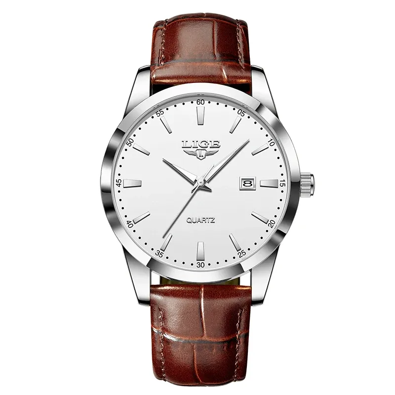 Montre LIGE pour homme en cuir marron, style militaire, quartz, chronographe, étanche 12