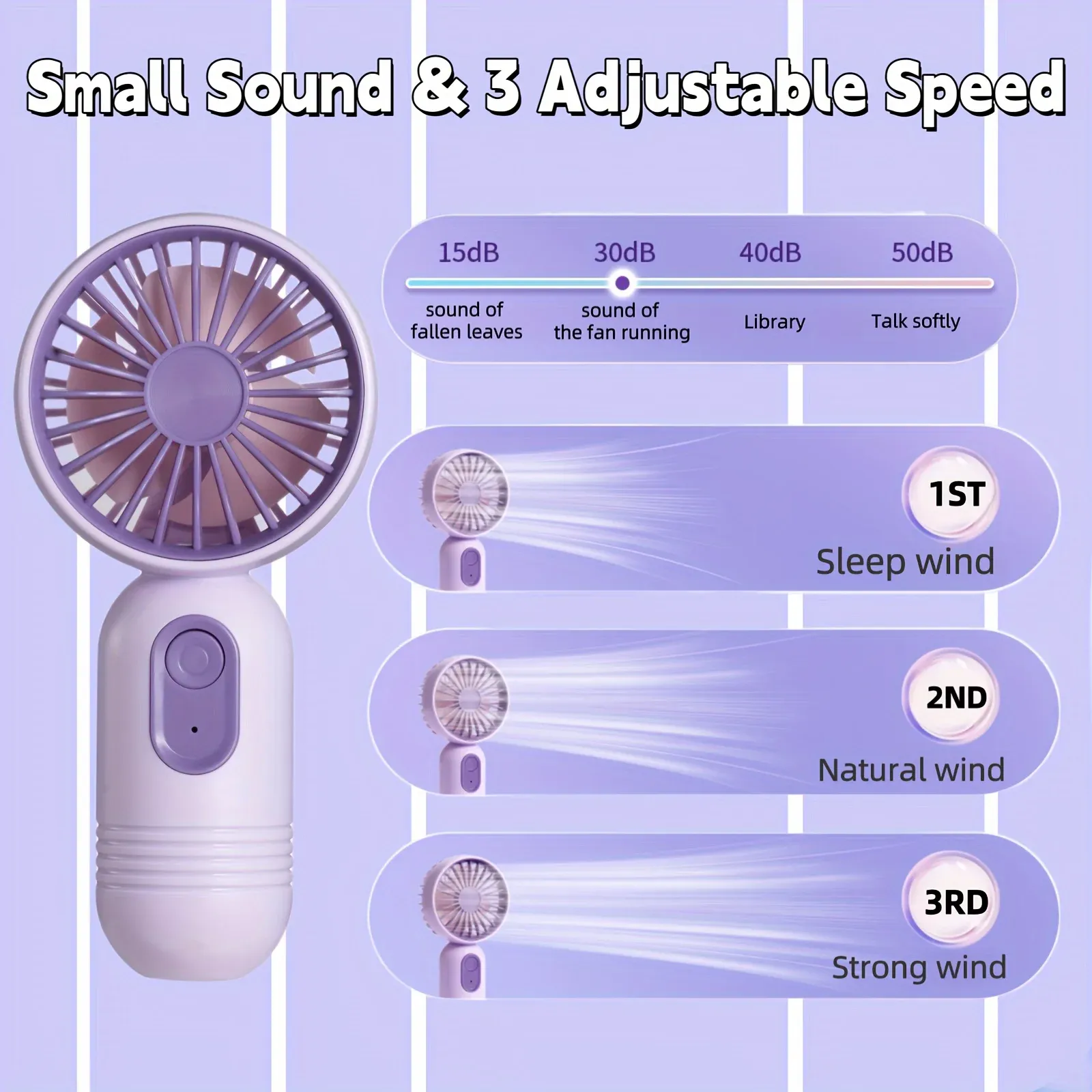 Ventilateur portable rechargeable USB à 3 vitesses, mini ventilateur de bureau, idéal pour le voyage, le camping et l'extérieur 2